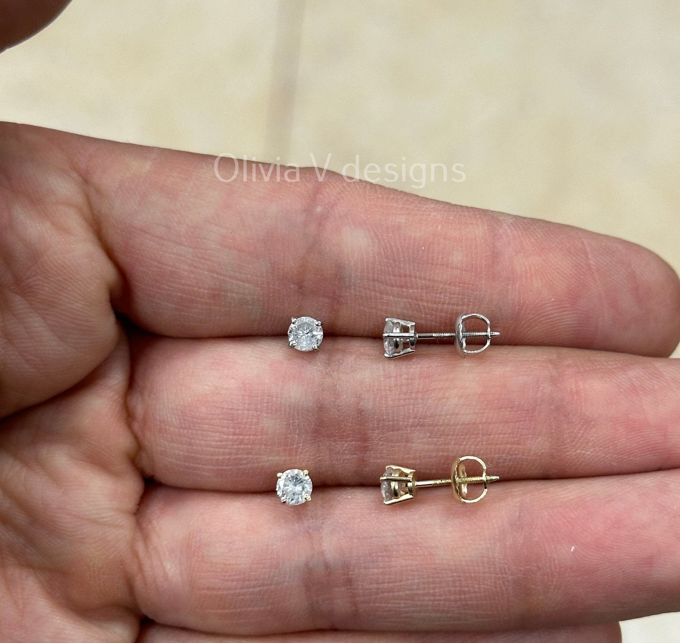 0.50 Carat TW Real (Natural) Round Diamond Solitaire Stud Earrings in 14K Gold, Color G/H