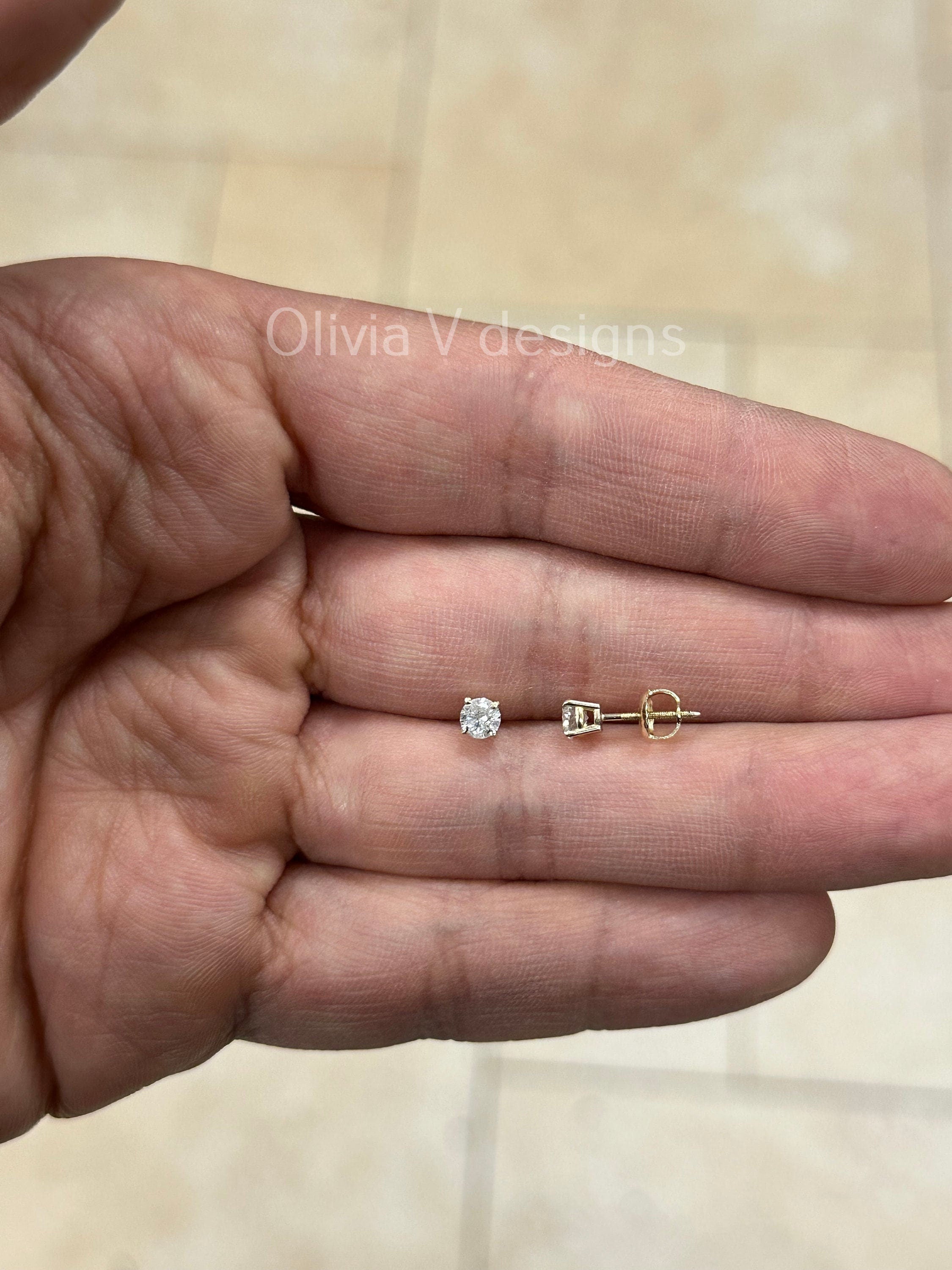 0.50 Carat TW Real (Natural) Round Diamond Solitaire Stud Earrings in 14K Yellow Gold, 4-Prong Screw Back Basket Setting Color G/H