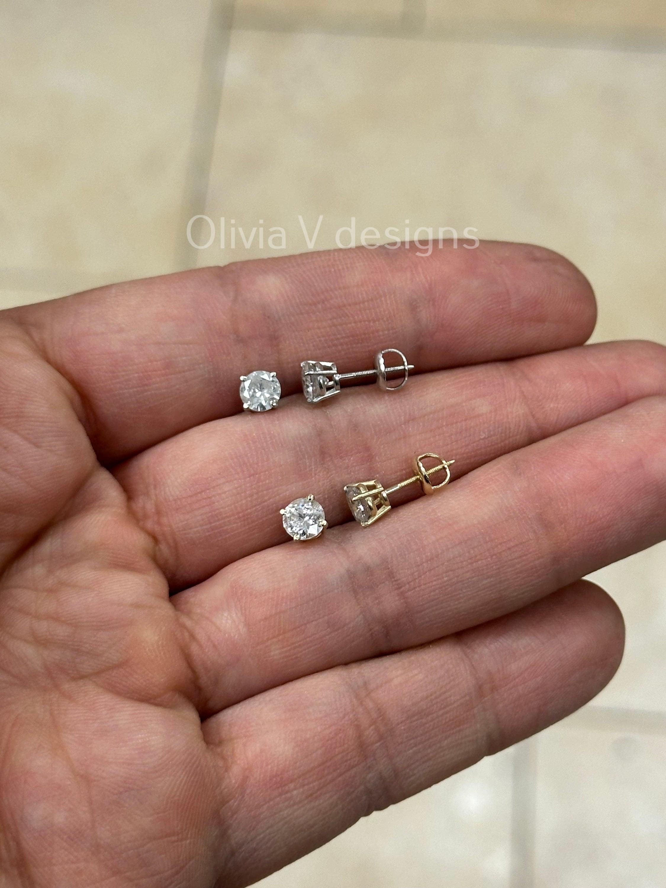1 Carat TW Real (Natural) Round Diamond Solitaire Stud Earrings in 14K Yellow White Gold, 4-Prong Screw Backs, Color G/H