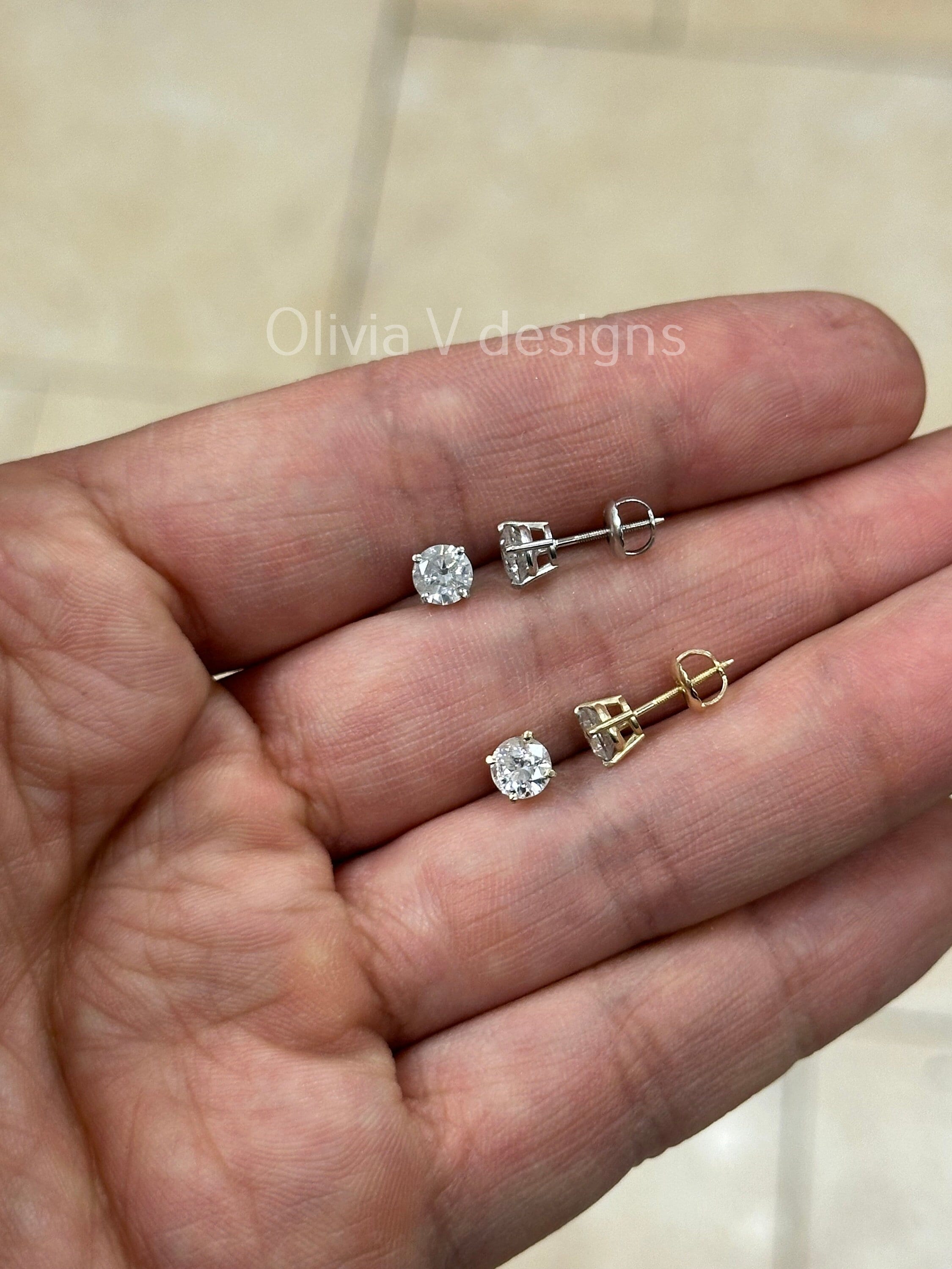 1 Carat TW Real (Natural) Round Diamond Solitaire Stud Earrings in 14K Yellow White Gold, 4-Prong Screw Backs, Color G/H