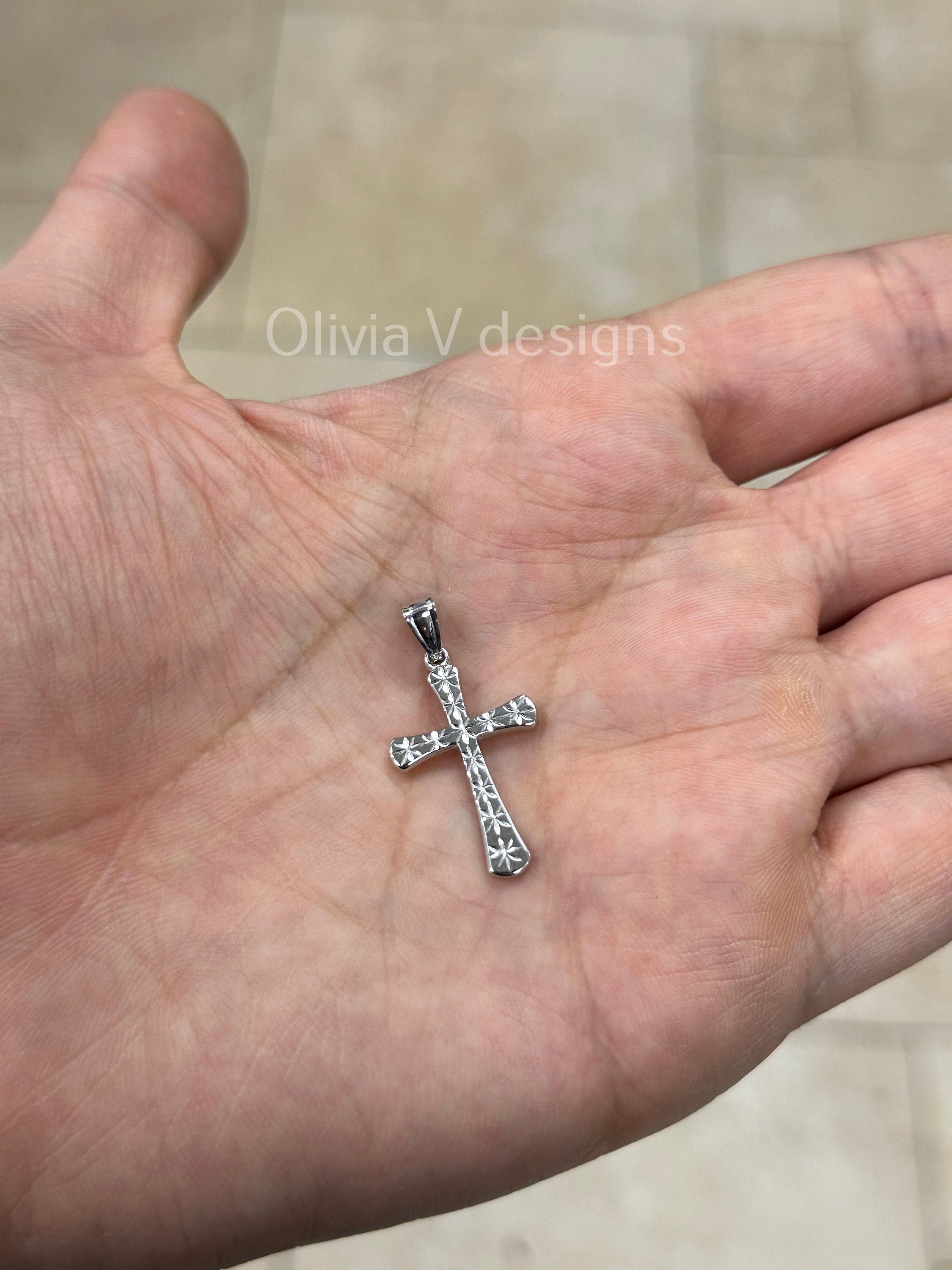 14k White Gold Diamond Cut Cross Pendant, Jesus, Crucifix, Christ - Genuine 14k White Gold - Religious Pendant Gift, Baptism Gift