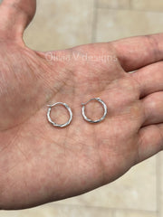 14k White Gold Diamond Cut Tube Hoop Earrings 14mm Classic Hoops, Everyday Earrings, Gift For Her, For Him
