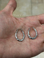 14k White Gold Oval Diamond Cut Hoop Earrings 26mm / Classic Hoops, Everyday Earrings, Gift For Her, For Him, 14k White Gold