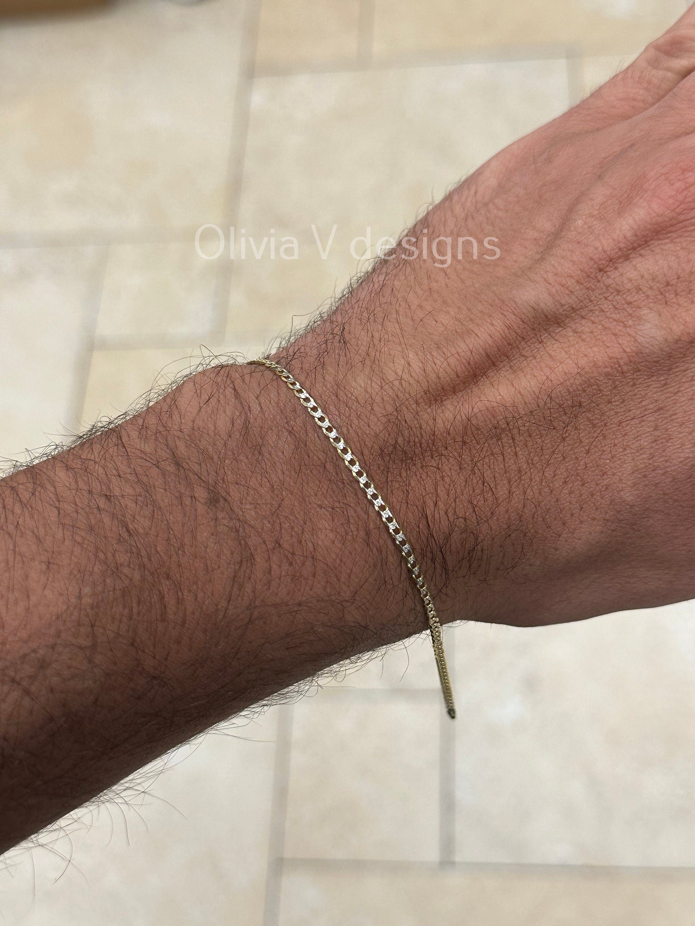 14k Solid Yellow Gold 2.5mm Pave Diamond Cut Cuban Curb Link Bracelet Chain, 14K SOLID Two Tone Gold Chain Bracelet Man and Woman, Gift