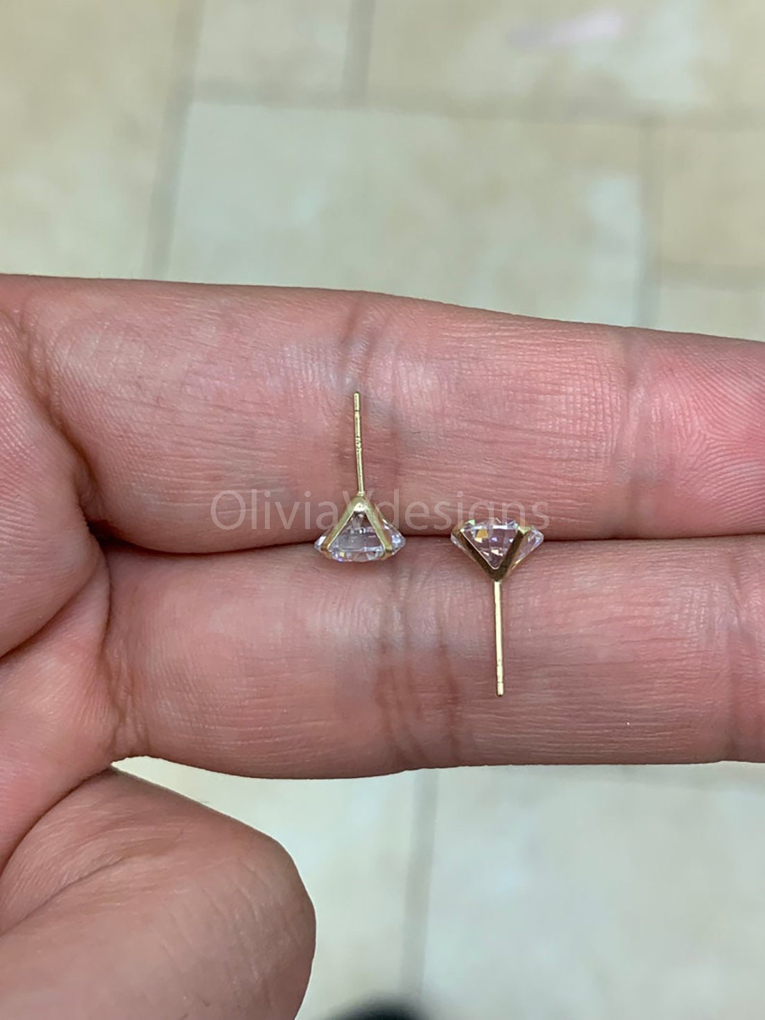 14K Solid Yellow Gold Brilliant Bright Round AAA CZ Stud Earrings Sizes 3MM 4MM 5MM 6MM 7MM 8MM Martini Setting - Real Gold - Sold In Pairs