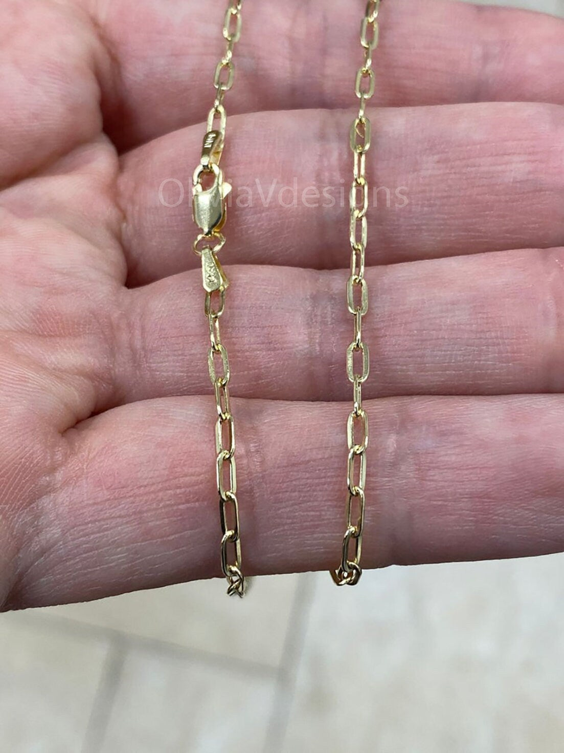 14k Yellow Gold Elongated Link Chain 2x5 , Paper Clip necklace, Rectangular Staple Link Chain Bracelet Necklace For Women, Layering Chain