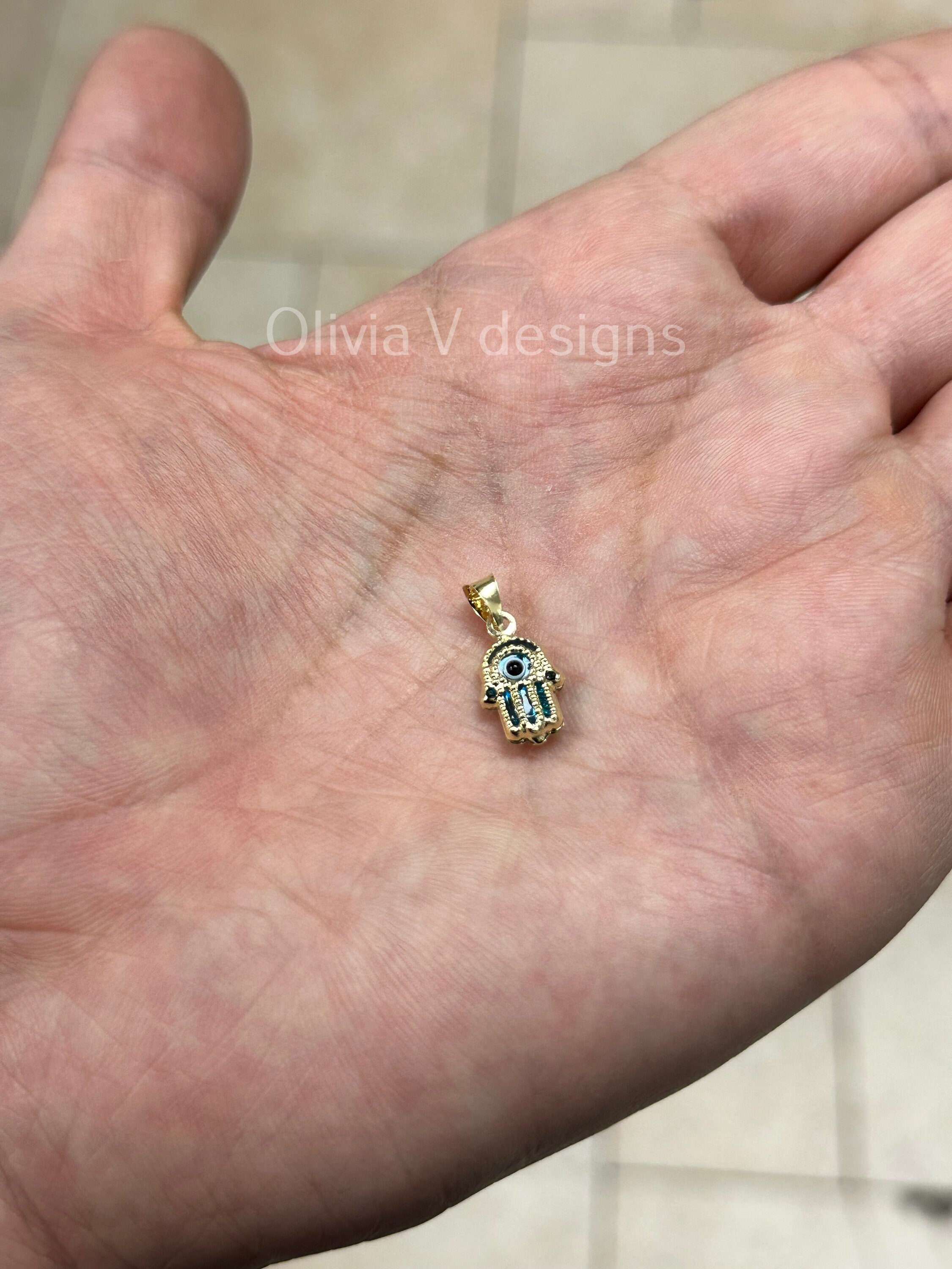 14k Yellow Gold Greek Blue Hamsa Evil Eye Pendant, Dainty Eye - Genuine 14k Yellow Gold - Pendant Gift, Dainty, Good Luck Kabbalah
