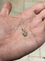 14k Yellow Gold Greek Blue Hamsa Evil Eye Pendant, Dainty Eye - Genuine 14k Yellow Gold - Pendant Gift, Dainty, Good Luck Kabbalah