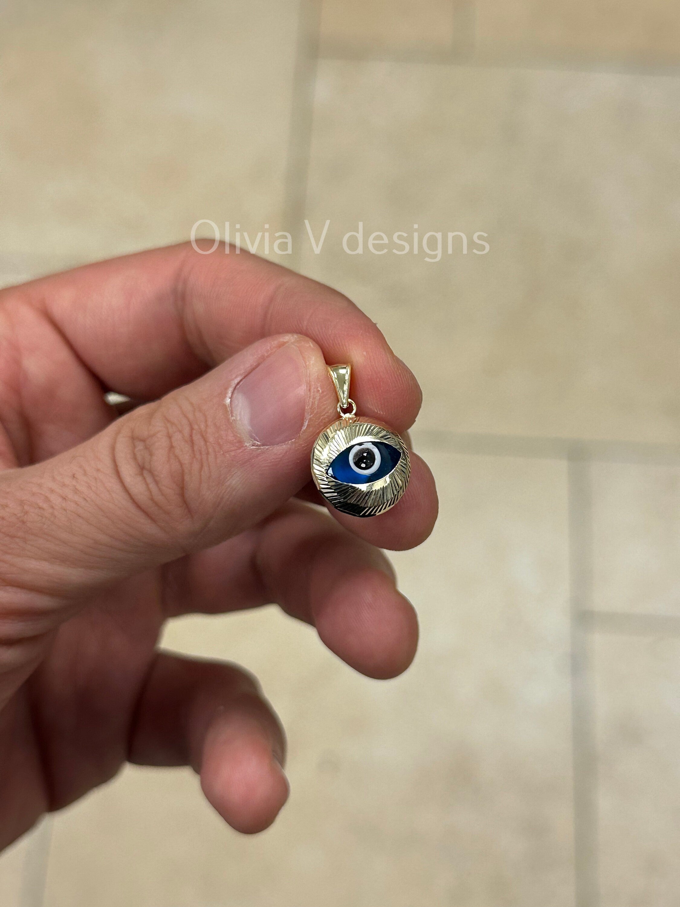 14k Yellow Gold Greek Evil Eye Pendant, Dainty - Genuine 14k Yellow Gold - Talisman Good Luck, , Protection, Diamond Cut, Light Blue, 14mm
