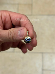 14k Yellow Gold Greek Evil Eye Pendant, Dainty - Genuine 14k Yellow Gold - Talisman Good Luck, , Protection, Diamond Cut, Light Blue, 12mm