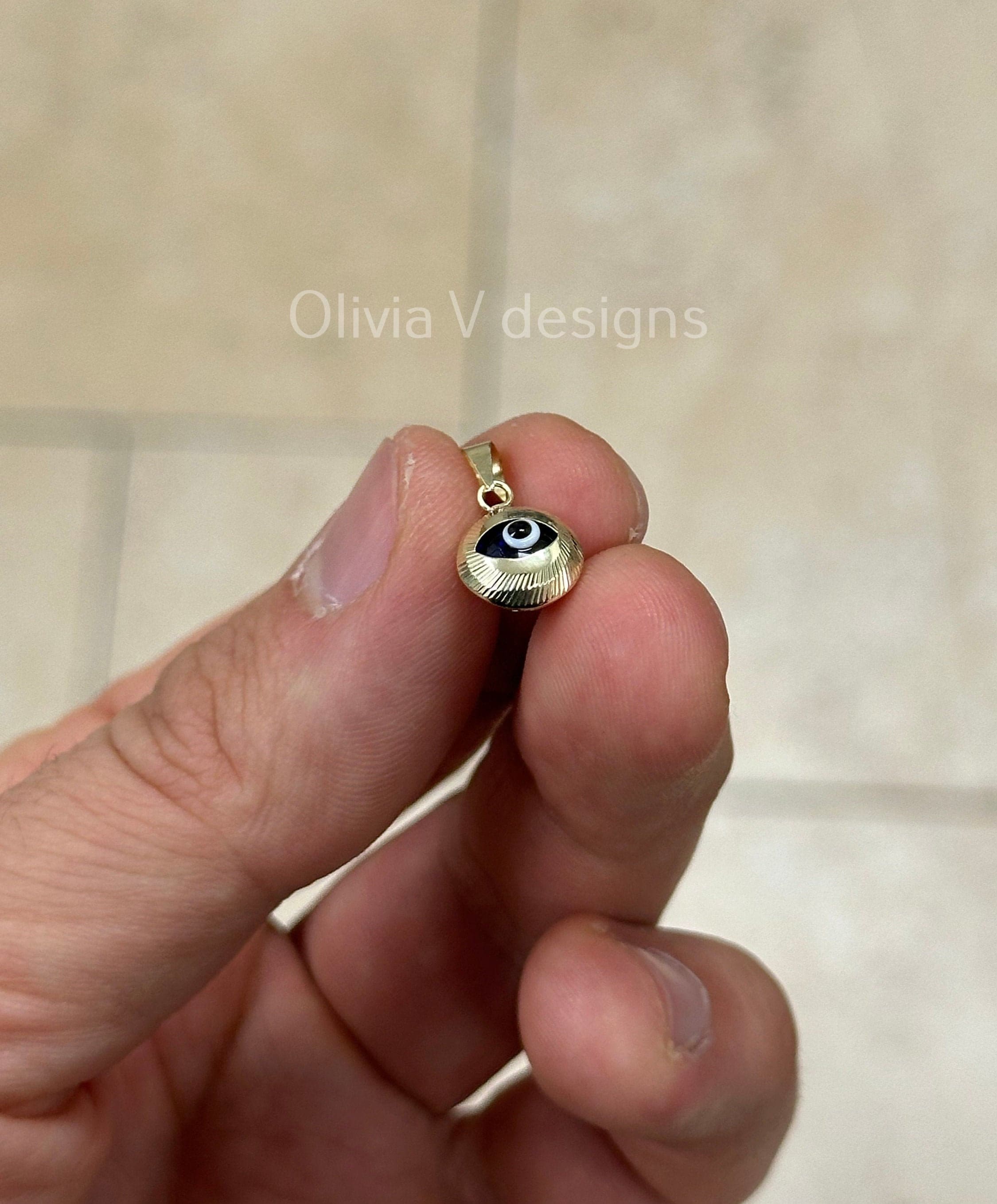 14k Yellow Gold Greek Evil Eye Pendant, Dainty Eye - Genuine 14k Gold - Talisman Good Luck, , Protection, Diamond Cut, Blue, 9mm
