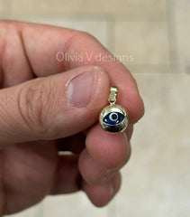 14k Yellow Gold Greek Evil Eye Pendant, Dainty Eye - Genuine 14k Gold - Talisman Good Luck, , Protection, Diamond Cut, Light Blue, 9mm