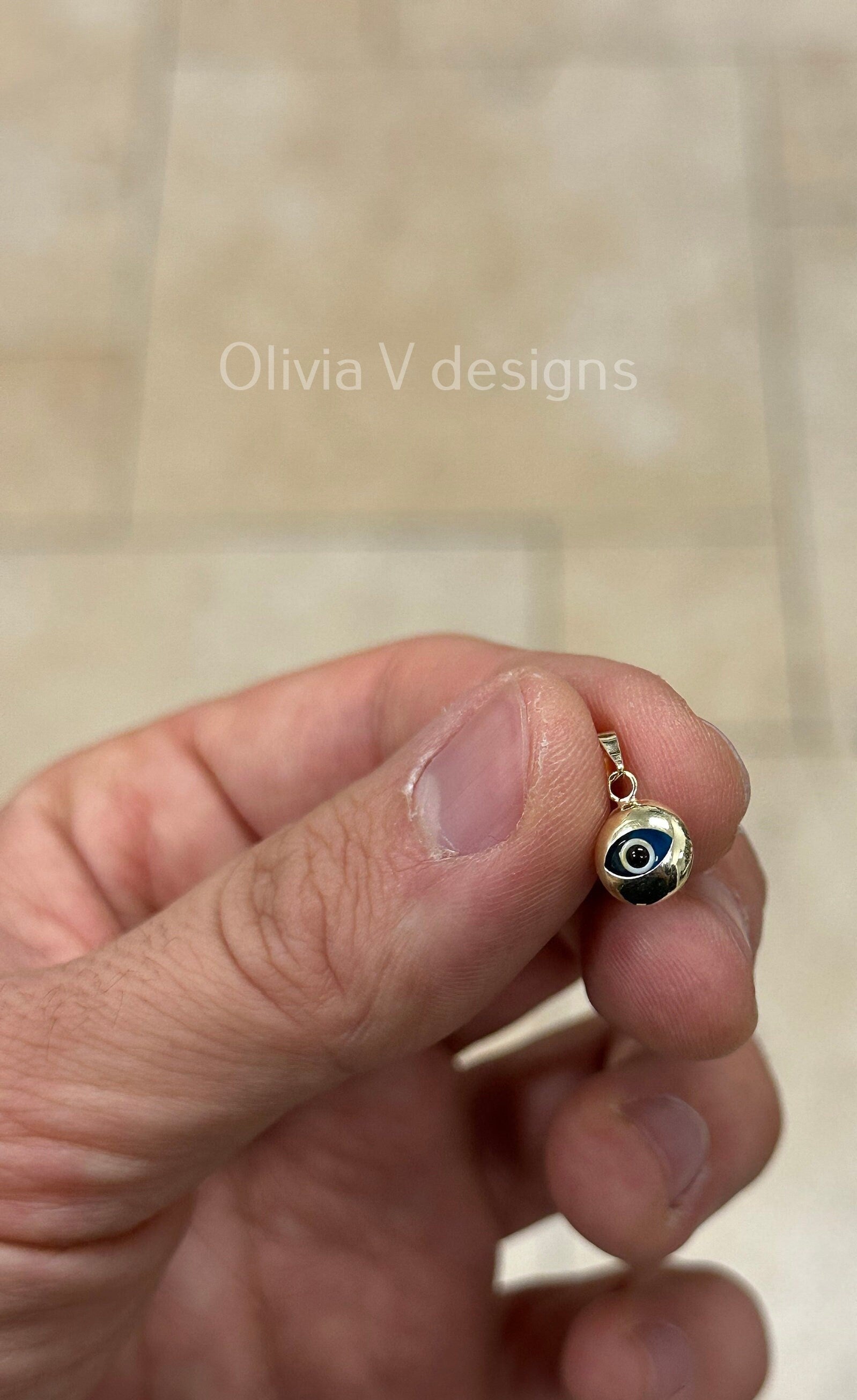 14k Yellow Gold Greek Evil Eye Pendant, Dainty Eye - Genuine 14k Yellow Gold - Pendant Gift, Light Blue, Good Luck Protection Charm, 8mm