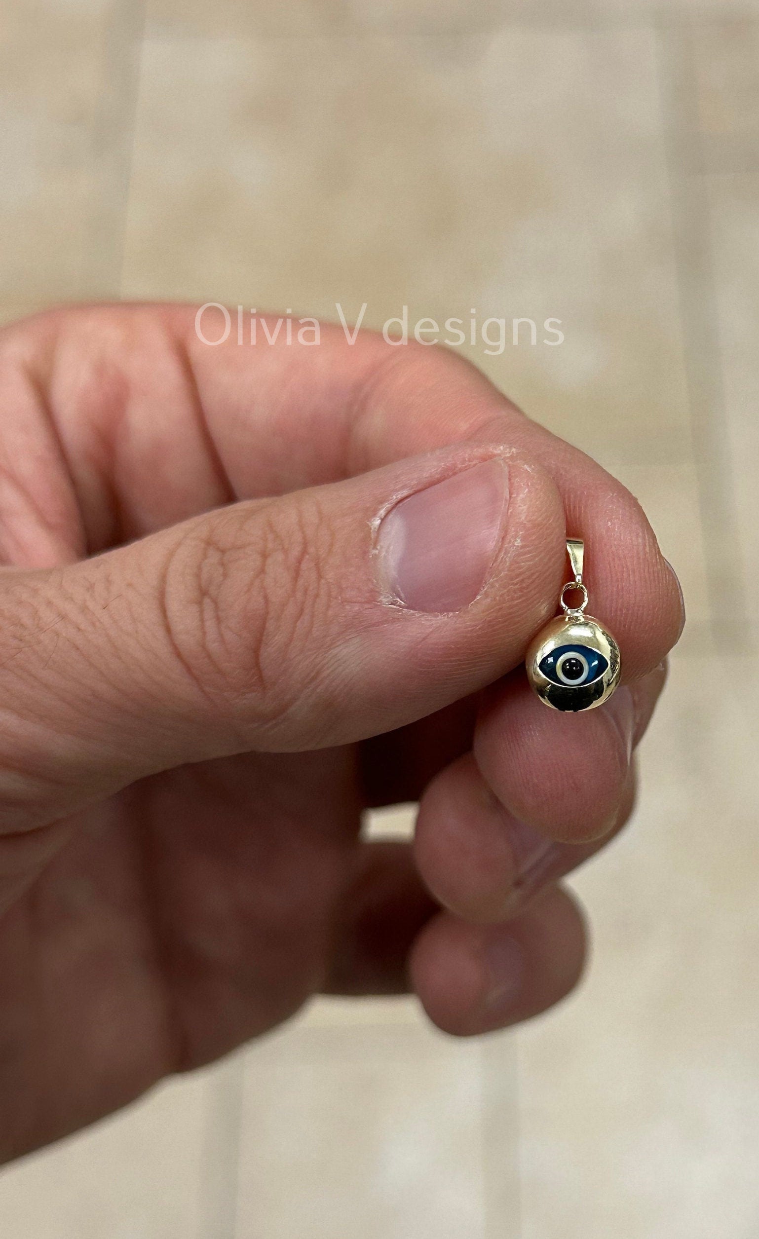 14k Yellow Gold Greek Evil Eye Pendant, Dainty Eye - Genuine 14k Yellow Gold - Pendant Gift, Light Blue, Good Luck Protection Charm, 8mm