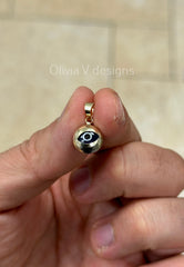 14k Yellow Gold Greek Evil Eye Pendant, Dainty Eye - Genuine 14k Yellow Gold - Talisman Good Luck, , Protection, Diamond Cut, Blue, 10mm