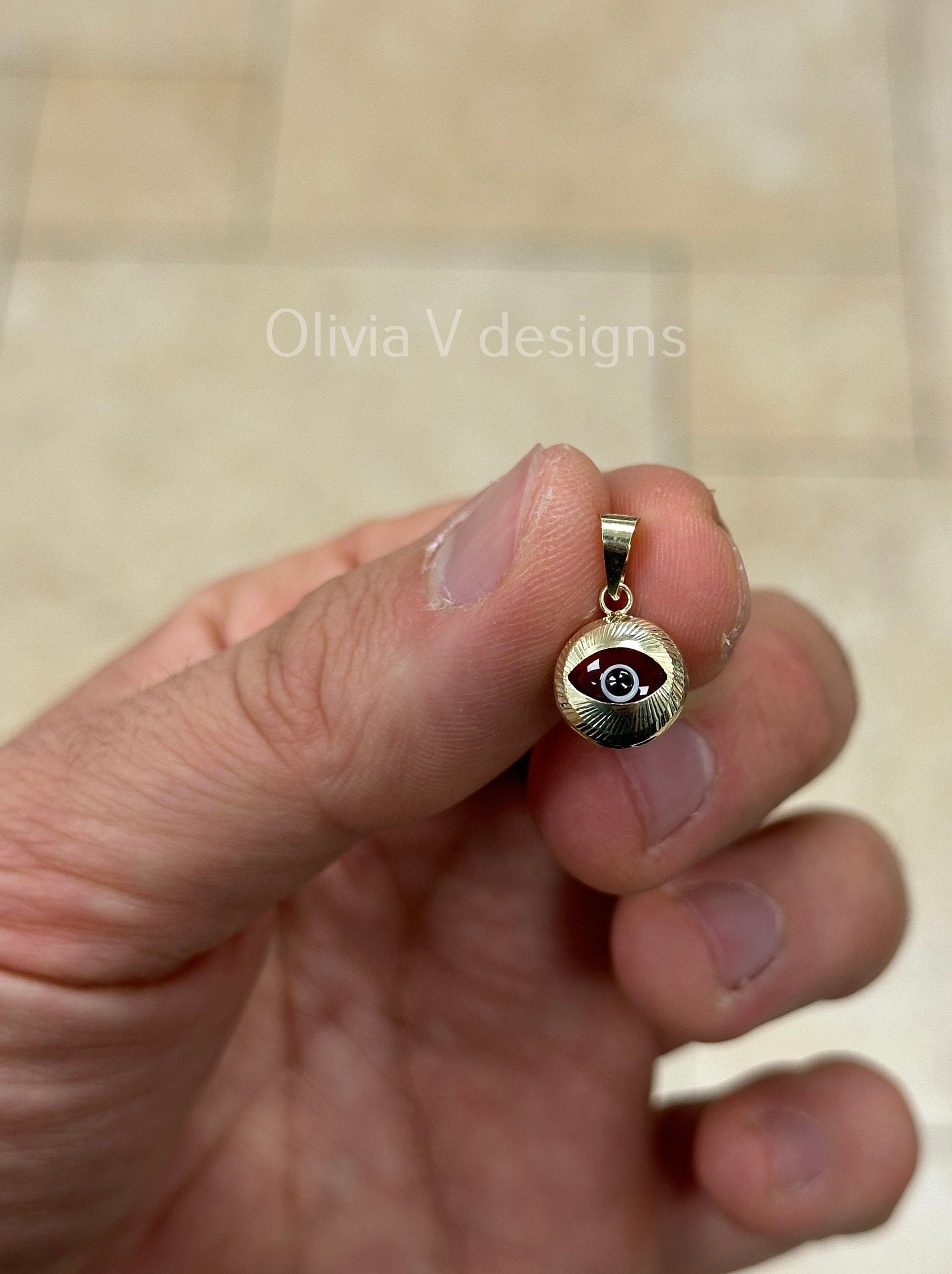 14k Yellow Gold Greek Evil Eye Pendant, Dainty Eye - Genuine 14k Yellow Gold - Talisman Good Luck, , Protection, Diamond Cut, Red, 10mm