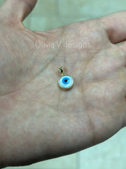 14k Yellow Gold Greek Evil Eye Pendant, Mother Of Pearls Eye - Genuine 14k Yellow Gold - Pendant Gift, Dainty, Good Luck Protection Charm