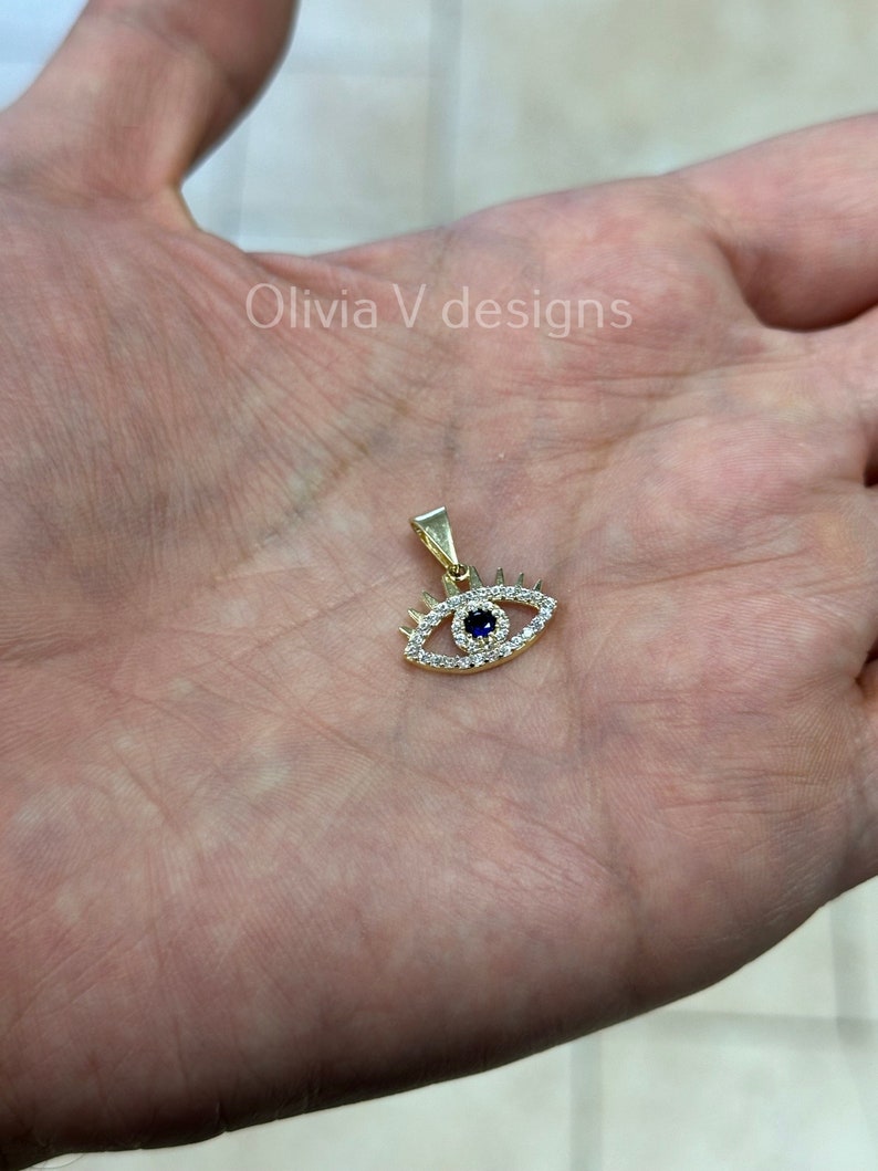 14k Yellow Gold Greek Evil Eye Sapphire Pendant, Dainty Eye - Genuine 14k Yellow Gold - Pendant Gift, Dainty, Good Luck Protection Charm