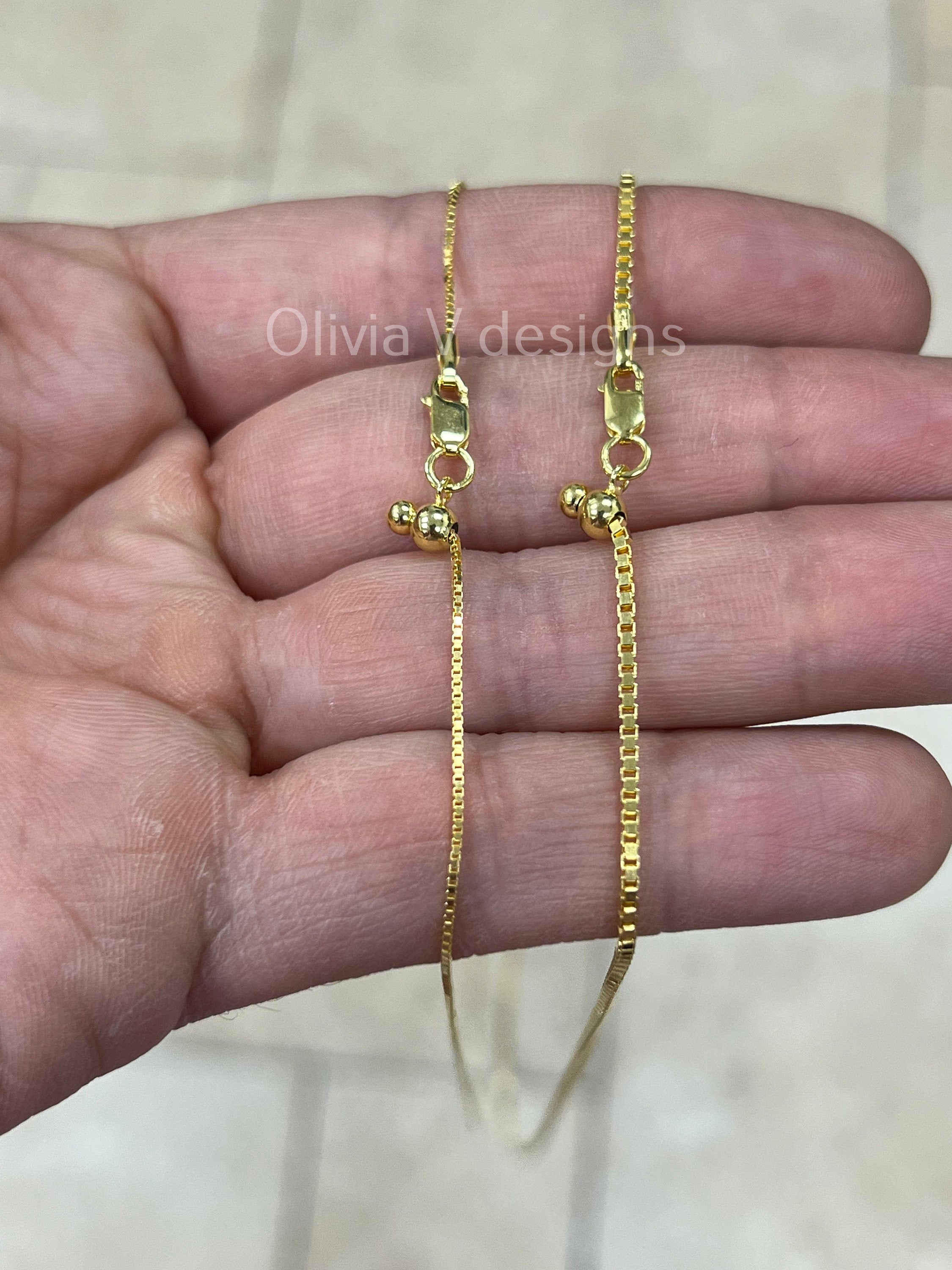 14K Yellow Gold Over 925 Sterling Silver Box  Adjustable 1mm 1.3mm Chain, Silver, Sterling Silver Chain, 925 Sterling Silver