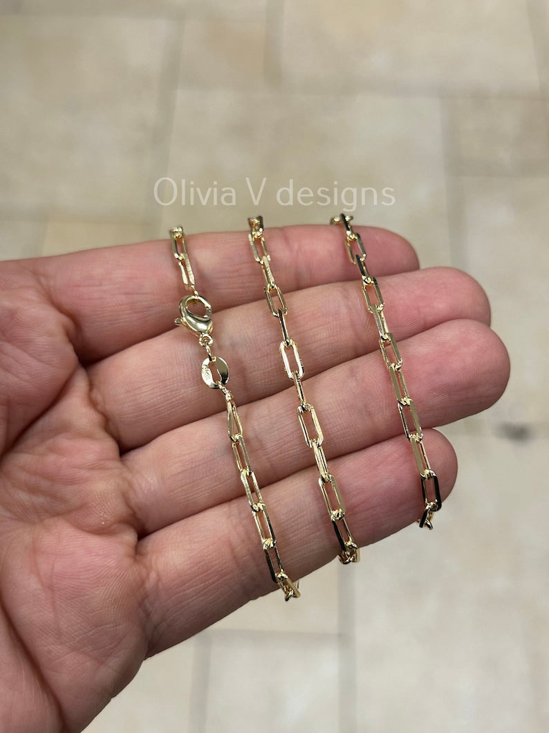 18K Yellow Gold Plated Elongated Link Chain, Paper Clip necklace, Rectangular Staple Link Chain Bracelet Necklace For Women, Layering Chain