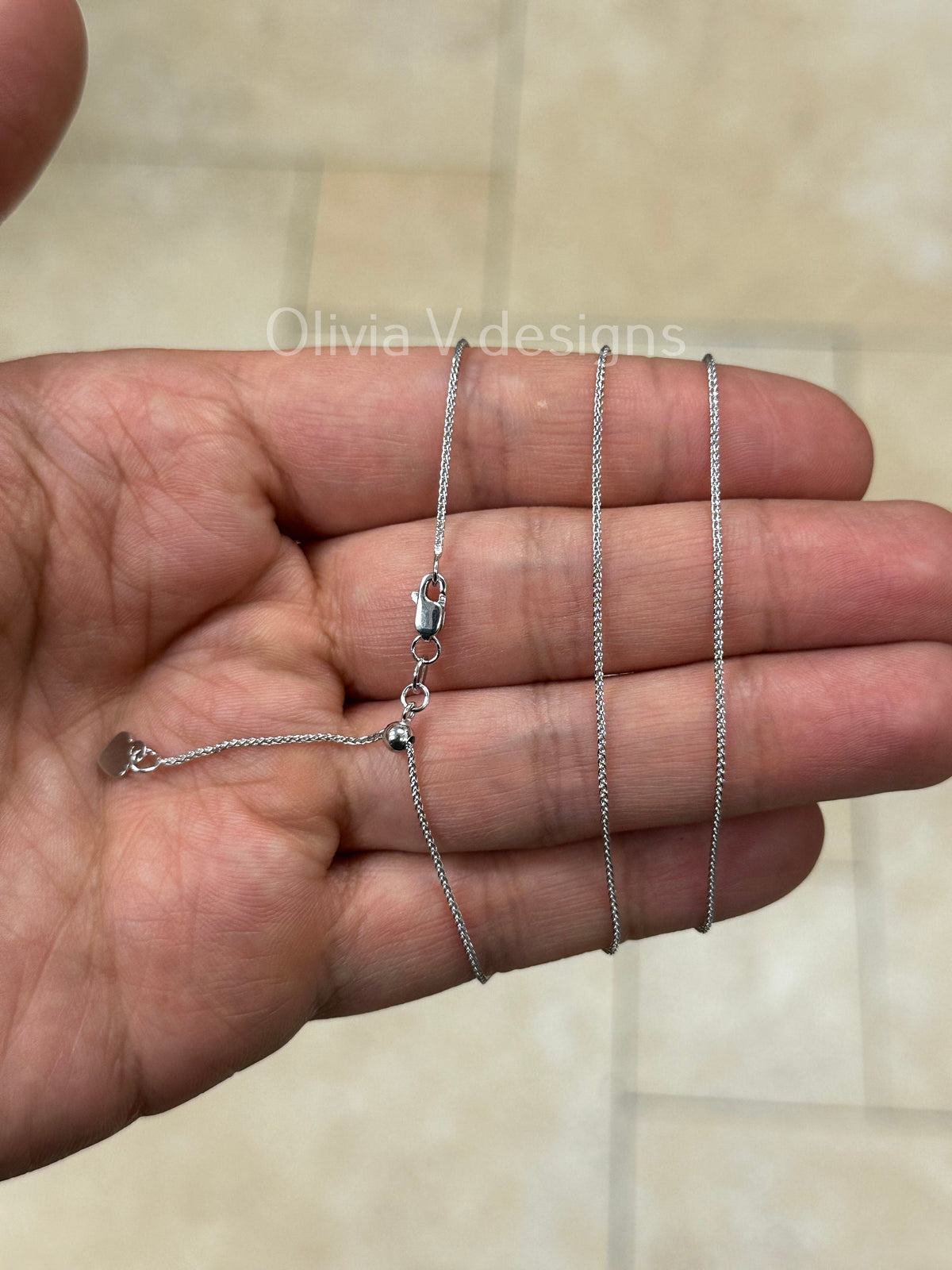 1mm Solid Adjustable Wheat Spiga Chain REAL 10K White Gold Up To 22", Spiga Wheat Chain, 10k White Gold
