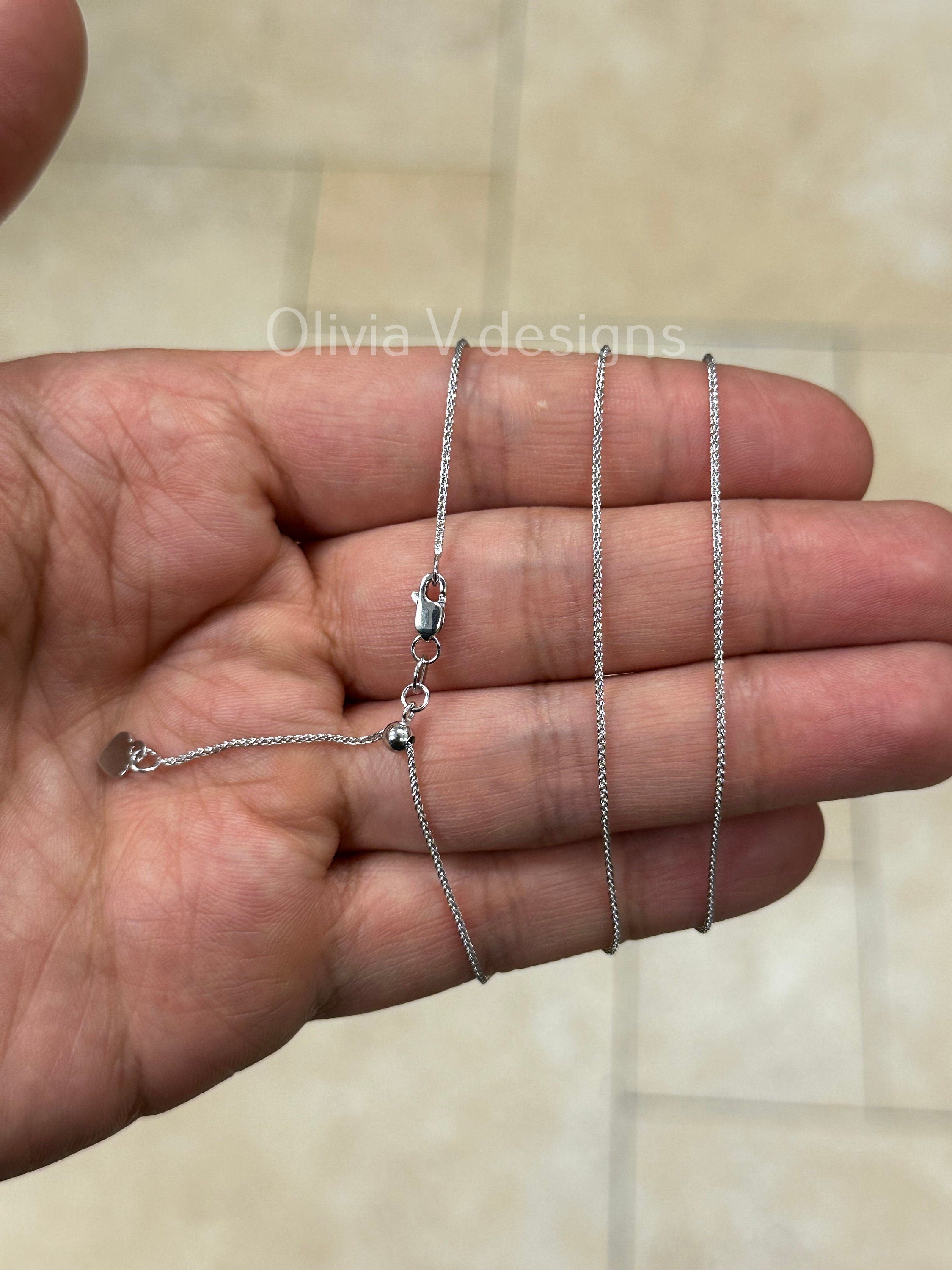 1mm Solid Adjustable Wheat Spiga Chain REAL 10K White Gold Up To 22", Spiga Wheat Chain, 10k White Gold