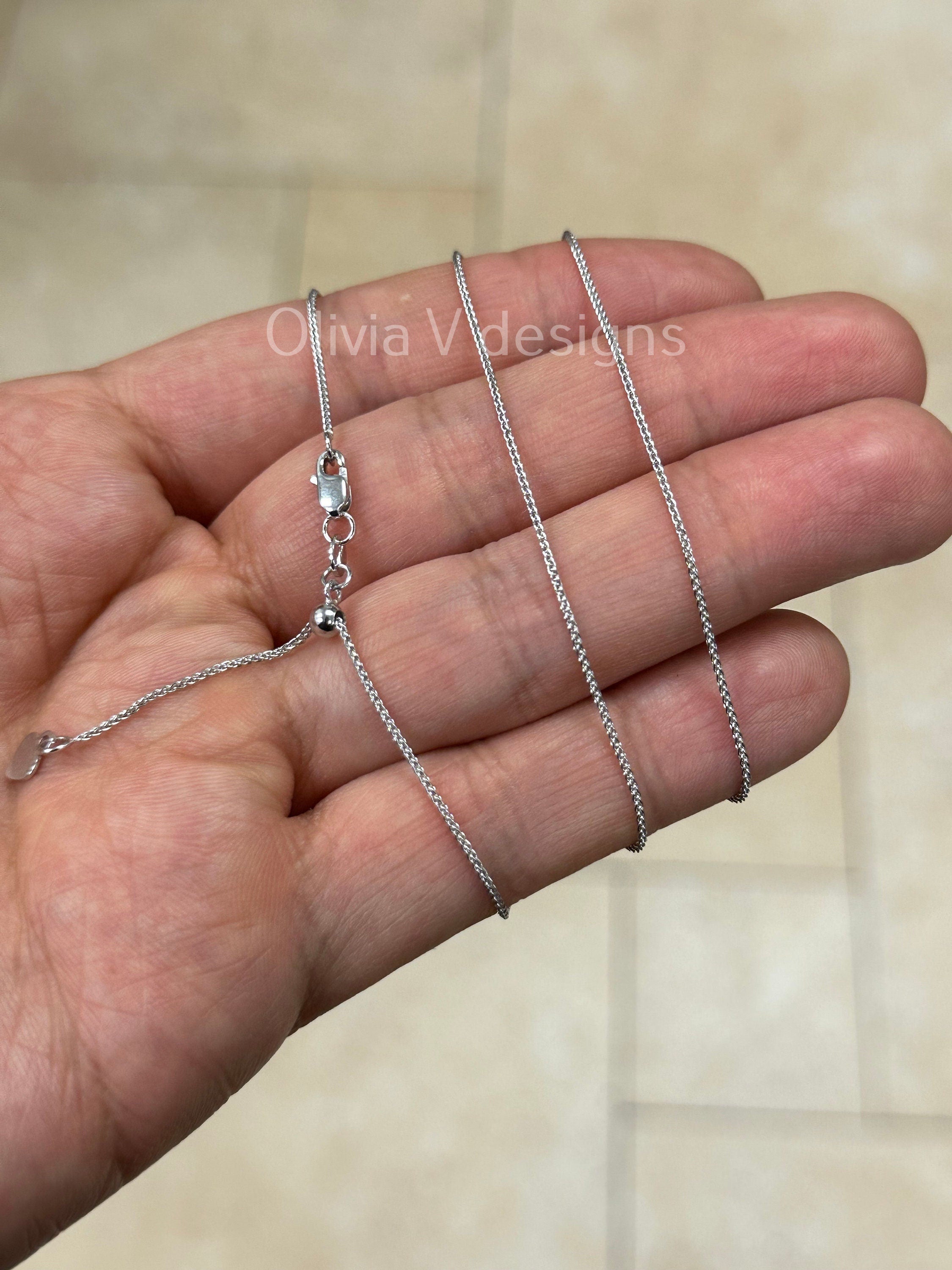 1mm Solid Adjustable Wheat Spiga Chain REAL 10K White Gold Up To 22", Spiga Wheat Chain, 10k White Gold