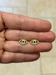 14k Yellow Gold Sapphire Evil Eye Stud Earrings, Real Genuine 14k Gold, Nazar Earrings, Protect From Eye, Earrings, Gift For Her